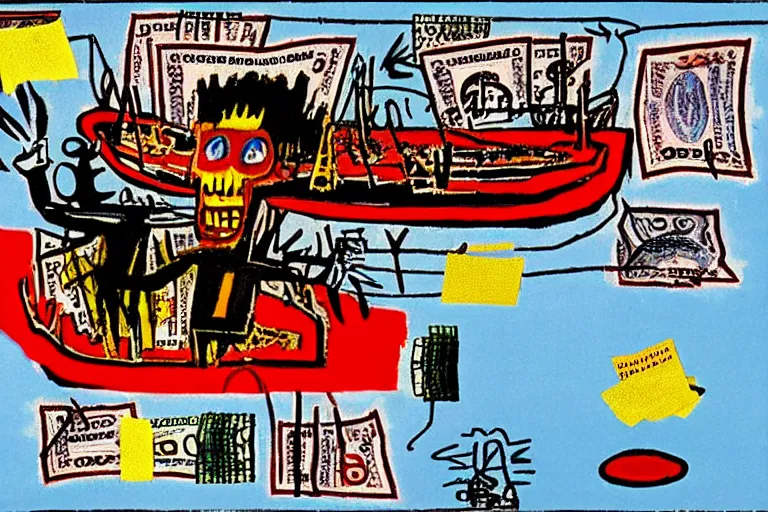 Prompt: the devil guiding a boat on a lake of money, moody, glitch art, by jean - michel basquiat