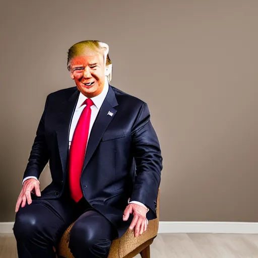 Image similar to Portrait Photo of Donald Trump smiling creepy into the camera in a monkey body, gray hair, smiling softly, realistic, 4k/8, real, photoshooting, relaxing on a modern couch, interior lighting, cozy living room background, medium shot, mid-shot, soft focus, professional photography, Portra 400