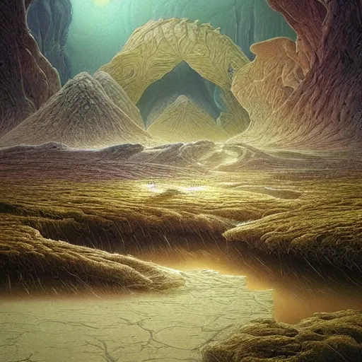 Image similar to artistic digital artwork of an epic natural scene on an alien planet. beautiful landscape by vincent bons, michael whelan, remedios varo and gerardo dottori. grainy and rough. interesting pastel colour palette. beautiful light. oil and water colour based on high quality render.