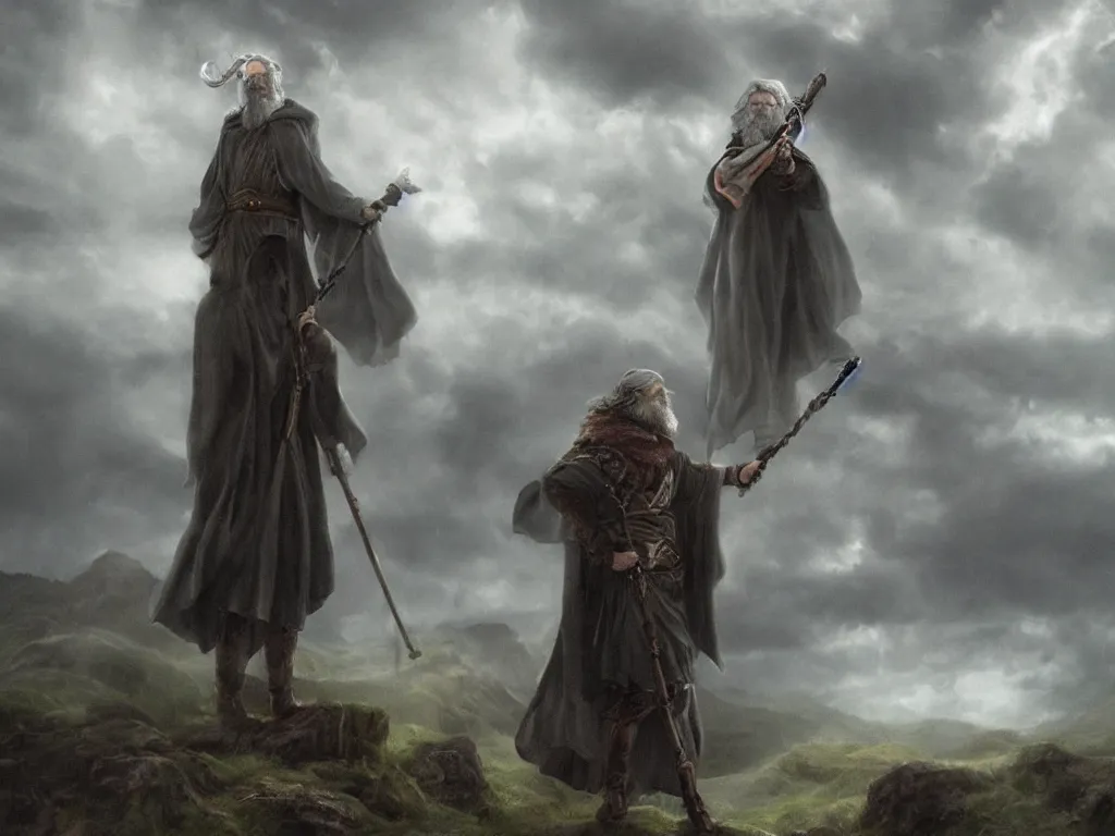 Image similar to Odin the wanderer in a grey cloak with his staff travelling walking on a path with clouds above him, neo-romanticism, norse mythology, colorful