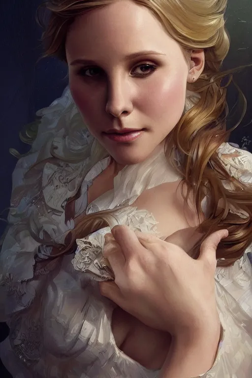 Image similar to chubby kristen bell, intricate, elegant, highly detailed, digital painting, artstation, concept art, smooth, sharp, focus, illustration, art by artgerm and greg rutkowski and alphonse mucha