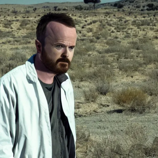 Image similar to Live Action Still of Aaron Paul dressed as and playing Walter White in Breaking Bad, real life, hyperrealistic, ultra realistic, realistic, highly detailed, epic, HD quality, 8k resolution, body and headshot, film still