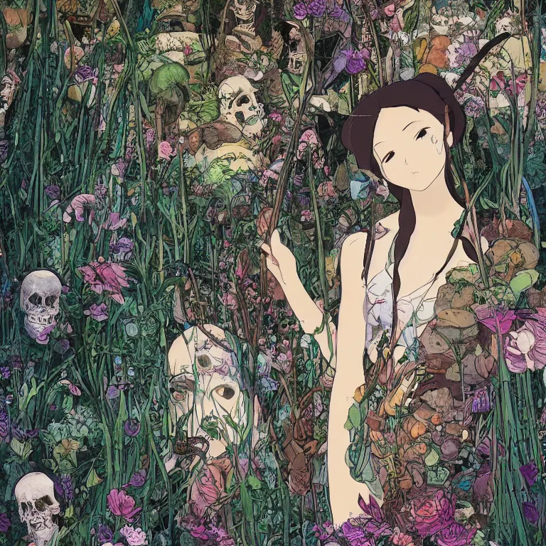 Image similar to young goddess peering from behind an enormous conical pile of skulls with huge flowers on tall stalks behind her, lush painting in the style of studio ghibli