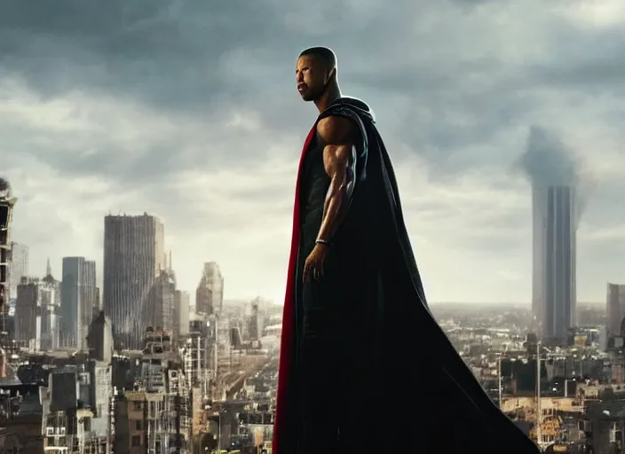 Image similar to film still of michael b jordan as spawn in the new spawn movie, giant chains, large cape, 8 k