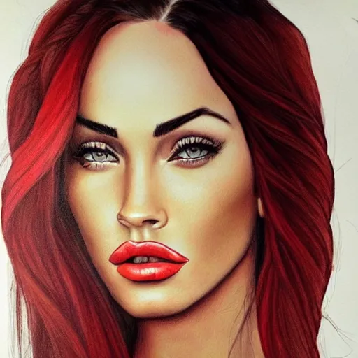 Image similar to “Beautiful Megan Fox Red pencil paintings, only red white colors, ultra detailed portrait, 4k resolution”