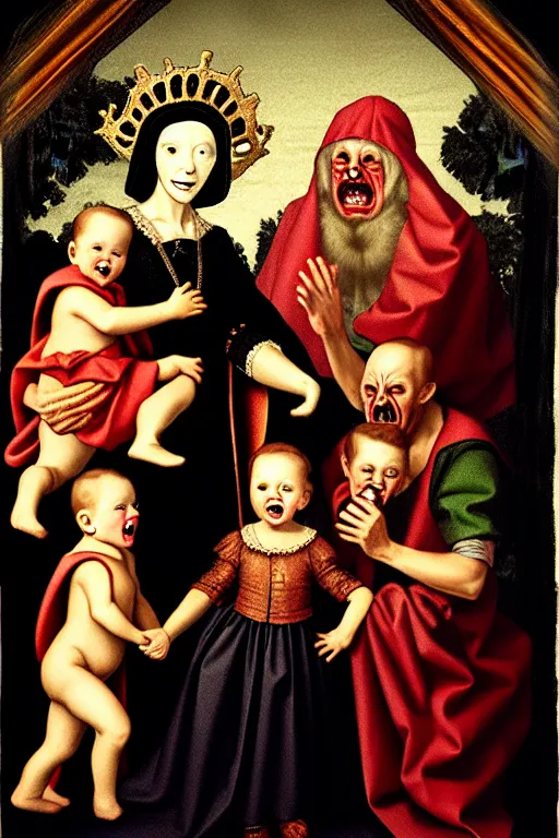 Image similar to renaissance style creepy family screaming, wearing a crown and a cape, dark background, atomic explosion