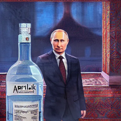 Prompt: putin holding a bottle of arak ayalim, cinematic, beautiful digital painting, hyper detailed