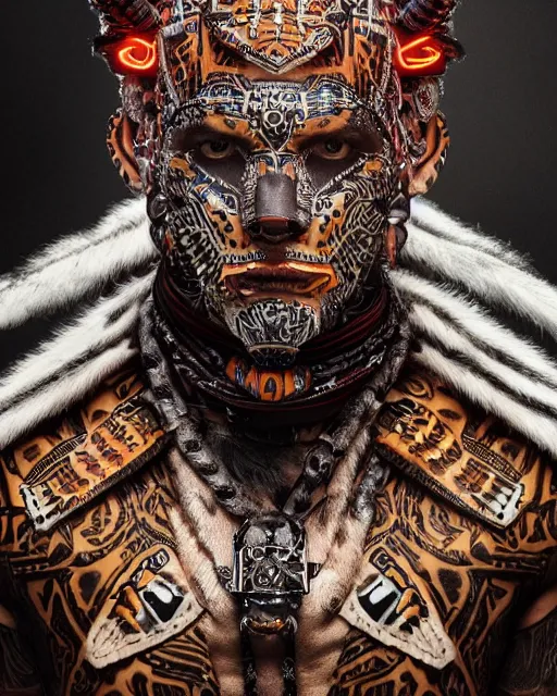 Image similar to editorial photo portrait of aztec jaguar warrior with glowing tribal futuristic tattoos on face, warrior body, photo by mario testino, cinematic, hyper detailed, micro details, insanely detailed, trending on artstation, concept art, insanely detailed and intricate