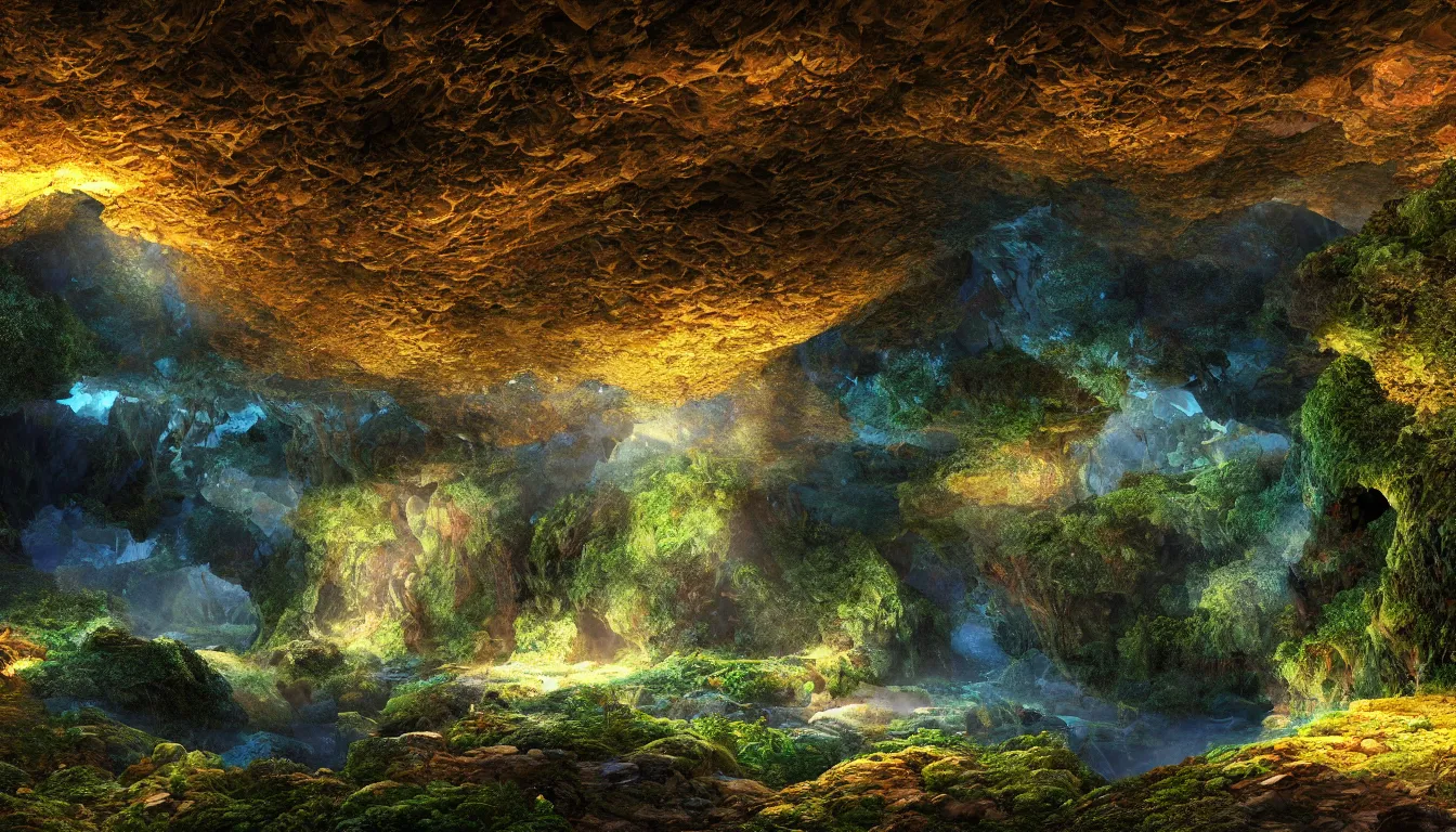 Image similar to expansive caves with growing biodiversity , the pools of liquid, dusk light illuminates dappled areas , volumetric light ,detailed entangled fibres carpet the fallen rocks ,full colour , upscale , 4k