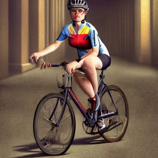 Prompt: fullbody potrait of christina ricci as professional bicyclist, hyper realistic, digital painting. art station. mood lighting, highly detailed, concept art, intricate, sharp focus, by shaun berke - h 1 2 0 0