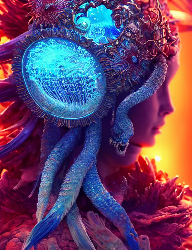 Image similar to render of goddess macro close - up portrait with crown made of phoenix ram skull. betta fish, jellyfish phoenix, bioluminiscent, plasma, ice, water, wind, creature, super intricate ornaments artwork by tooth wu and wlop and beeple and greg rutkowski