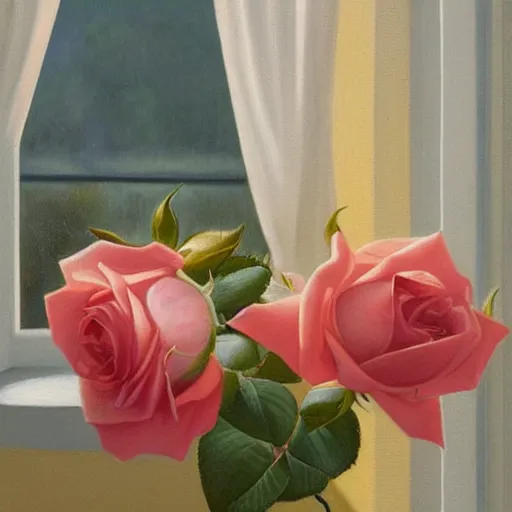 Prompt: The rose is placed in a vase on a windowsill. The light from the window casts a warm, golden glow on the petals of the rose, making them appear illuminated. The colors in the painting are soft and muted, giving the overall impression of a tranquil scene.