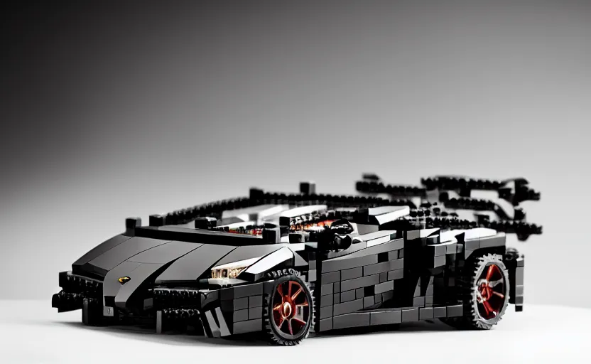 Prompt: black lamborghini in lego style. studio. soft light. dark background. cinematic. product shot. intricate. highly detailed