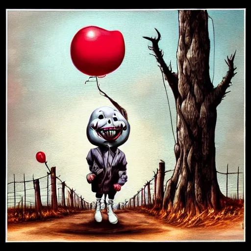 Prompt: grunge cartoon painting of the end of the road with a wide smile and a red balloon by chris leib, loony toons style, pennywise style, corpse bride style, horror theme, detailed, elegant, intricate