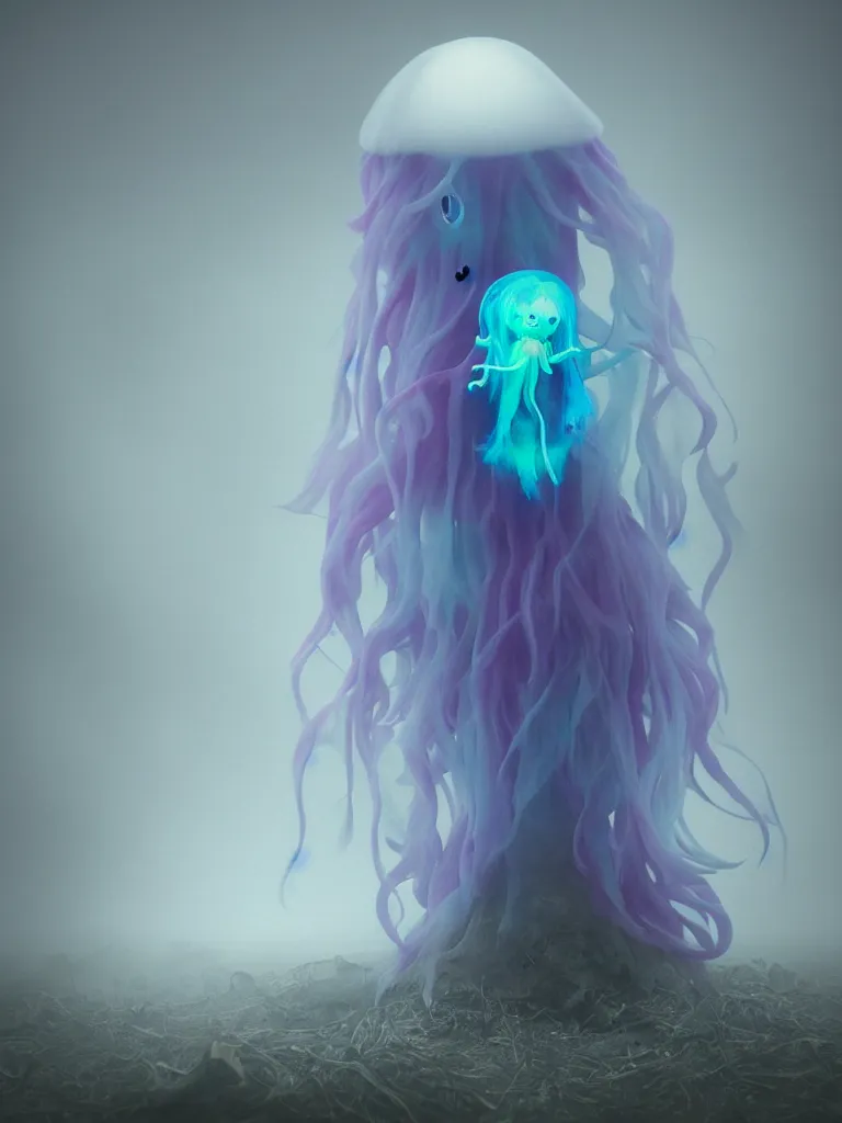Prompt: cute fumo plush smiling ectoplasmic gothic jellyfish ghost girl waving in deep fog over mysterious waters, reflective river bank in the midst of a forgotten forest, glowing pink wisps of hazy green smoke and eerie blue volumetric fog swirling about, moonlight, glowing lens flare, black and white, refraction, vray