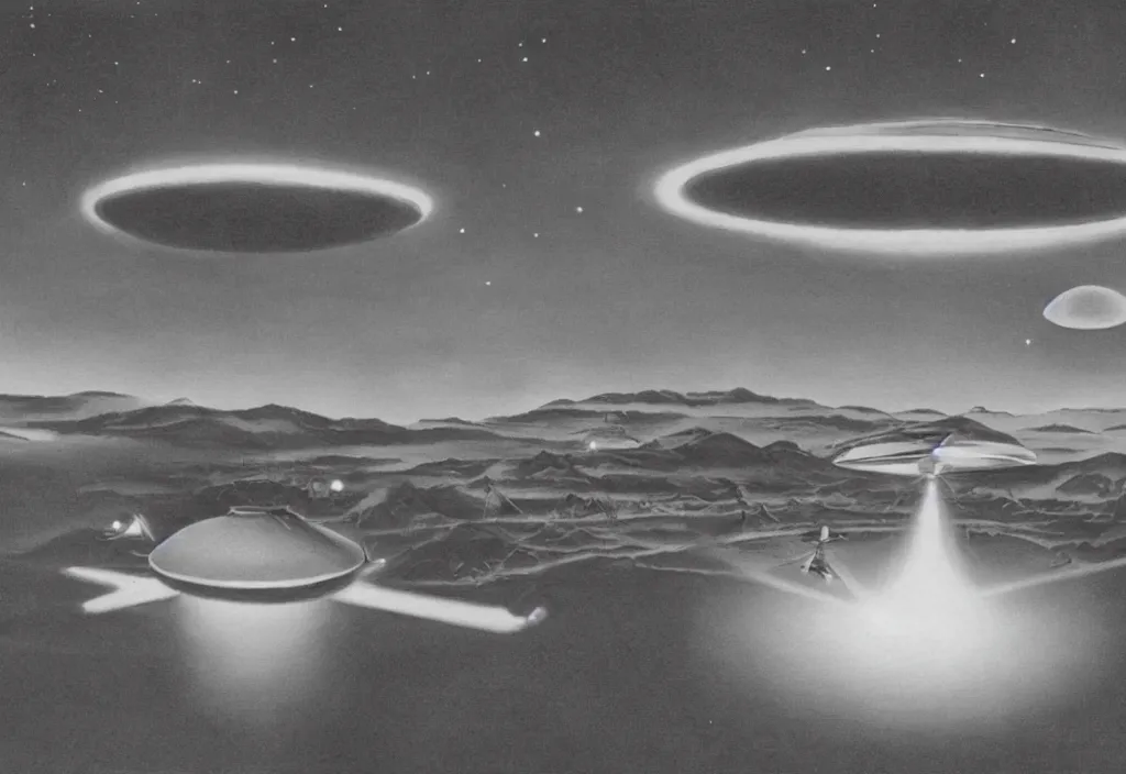 Prompt: UFO sighting, Rick Guidice, Chesley Bonestell, Lucien Rudaux, Rolf Klep, Fred Freeman, George Pal