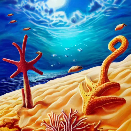 Image similar to an anchor in the sand near a coral reef surrounded by sea creatures, concept art, highly detailed, high quality, bright colors