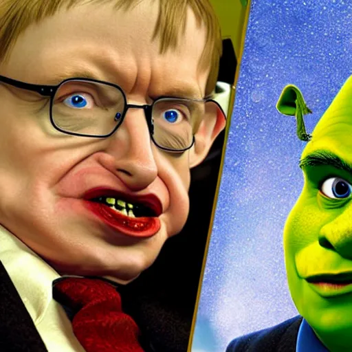 Prompt: stephen hawking as shrek, cgi movie still,