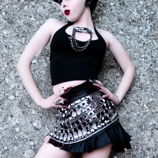 Image similar to kerli koiv goth girl in mini skirt and crop top, intricate, extremely detailed, modeling photography, teen