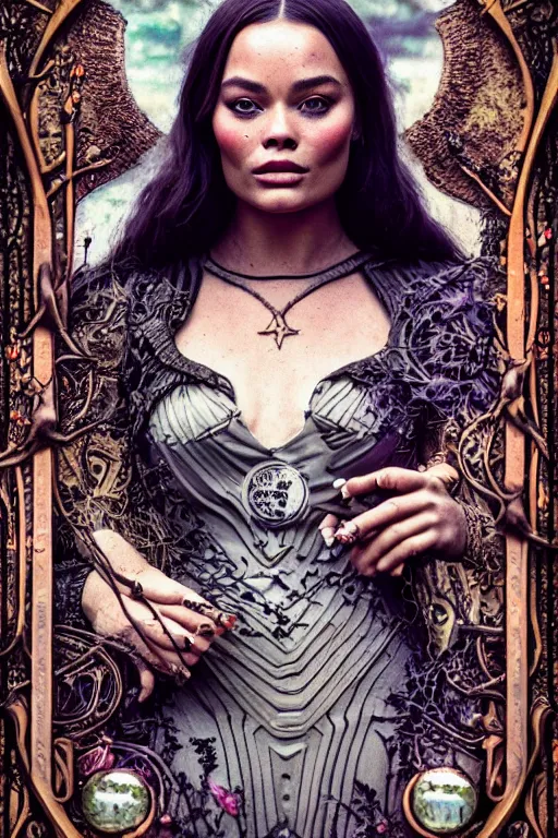 Prompt: Cinestill 50d, 8K, highly detailed, major arcana H.R Giger art nouveau nightmare Agnieszka Lorek tarot star card style 3/4 extreme closeup portrait of margot robbie, eye contact, focus on model, tilt shift background: famous major arcana tarot remake, transformation scene