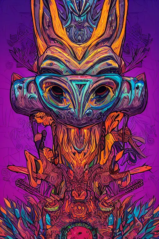 Image similar to totem animal mask tribal feather gemstone plant wood rock shaman vodoo video game vector illustration vivid multicolor borderlands comics by josan gonzales and dan mumford radiating a glowing aura