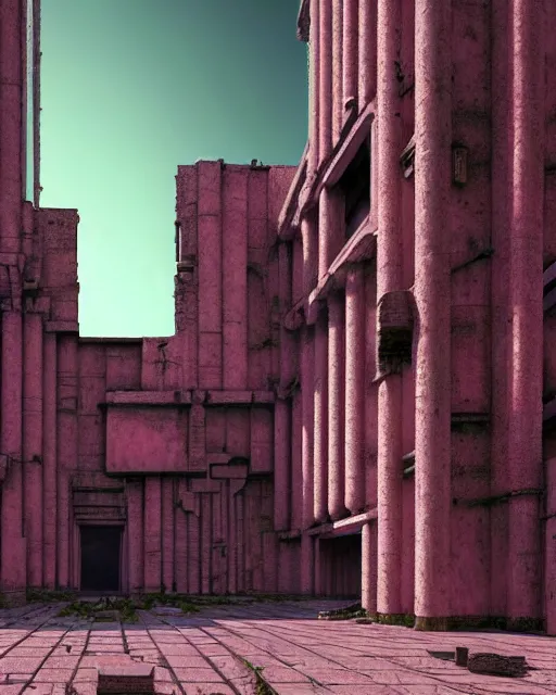 Image similar to hyperrealistic 3d render highly detailed baroque mecha iridescent pink brutalist city ruins background concept art unreal engine!! santiago caruso de chirico sharp very dramatic green light 8k low angle shallow depth of field