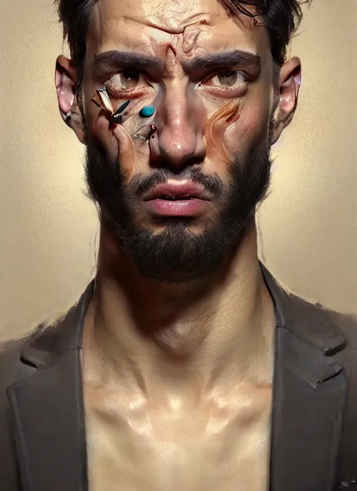 Prompt: a detailed painted portrait of a modern man looking in shock at his weird hands by artist hadi karimi, wlop, artgerm, greg rutkowski, surprised facial expression, dramatic lowkey studio lighting, accurate skin textures, hyperrealism, aesthetically pleasing and harmonious vintage colors