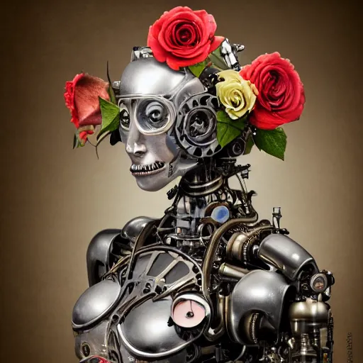 Image similar to a beautiful intricate fine art portrait photo of a a mechanical industrial steampunk cybernetic robot making silly funny faces, by tom bagshaw and zach sutton, roses surrounding the robot, perfection!, milk bath photography, studio lighting, 35mm lens, very detailed, bionic, cybernetic scifi, deep depth of field, artstation, 8K, highly coherent