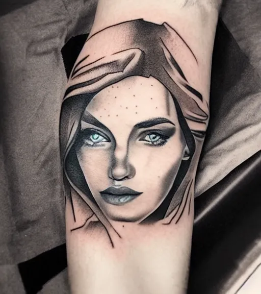 Image similar to tattoo design sketch of a beautiful blue - eyed woman face with a faded background of beautiful mountains and nature on her side, hyper - realistic, in the style of den yakovlev, amazing detail, black and white