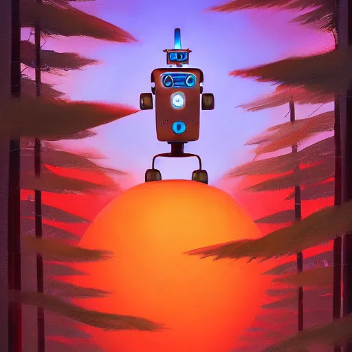 Prompt: a painting of a robot in the middle of a forest by laika studios, detailed, dynamic perspective, ghibli - style, disney - style, orange sky, realistic shading, mixed media