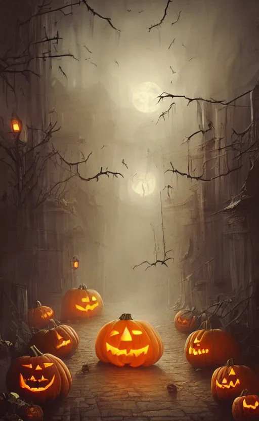 Image similar to a creepy and eery Halloween setting, with Jack o lanterns on the street and shadow figures lurking about, dynamic lighting, photorealistic fantasy concept art, stunning visuals, creative, cinematic, ultra detailed, trending on art station, spooky vibe