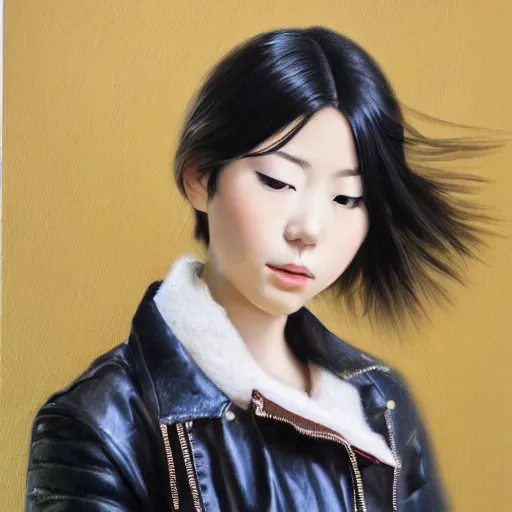 Image similar to perfect, realistic oil painting of close-up japanese young woman wearing leather jacket