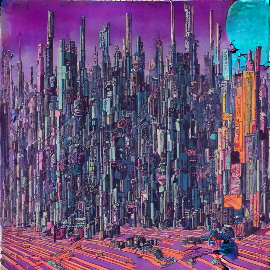 Image similar to ( ( ( ( cyberpunk city ) ) ) ) by mœbius!!!!!!!!!!!!!!!!!!!!!!!!!!!, overdetailed art, colorful, artistic record jacket design