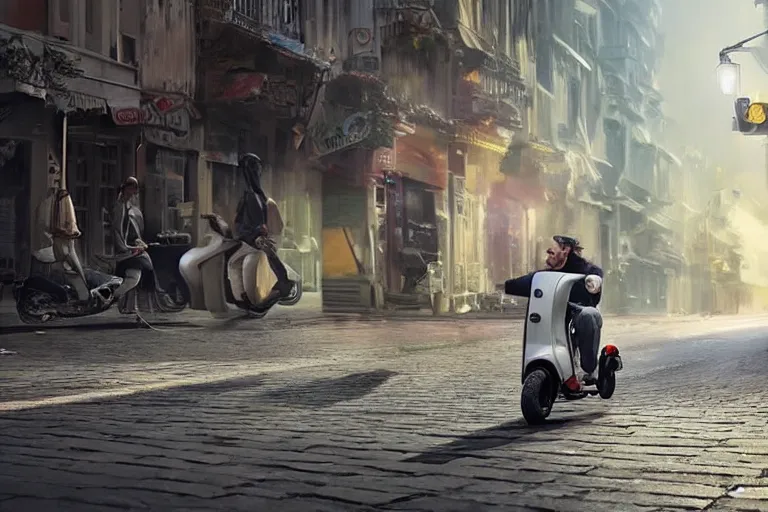 Image similar to moped scooter racing on the street, hyper realistic, very detailed, dramatic scene, realistic lighting, dark fantasy, 4 k, in the style of greg rutkowski