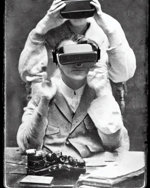 Image similar to 1 9 0 0 s photo of a person wearing a vr virtual reality headset