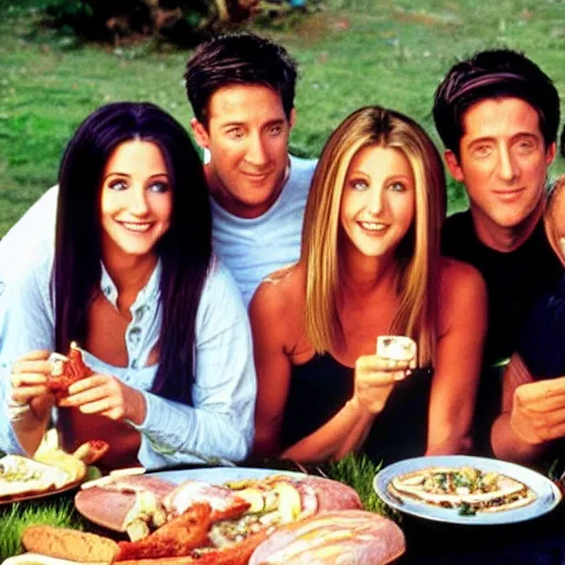 Prompt: the cast of friends at a barbecue