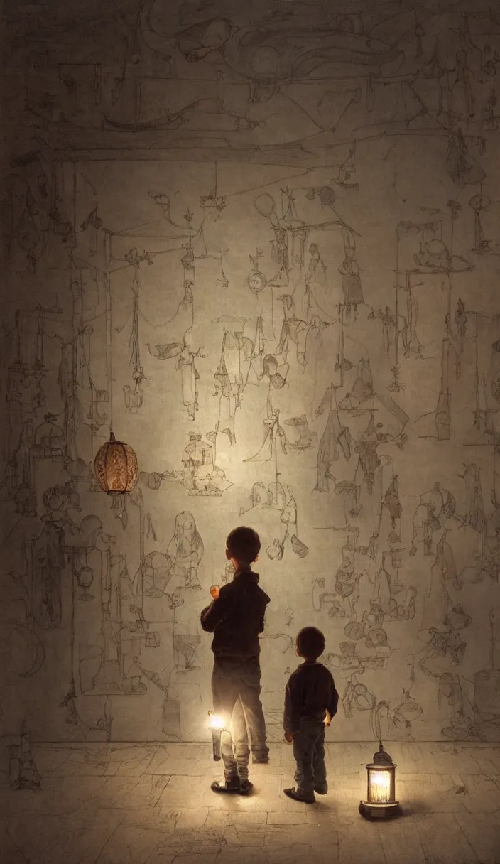 Prompt: a kid with a lantern in a museum looking at a painting showing the same scene where he is, part by Norman Rockwell, part by Greg Rutkowski , part by Mattias Adolfsson, high angle, intricate, detailed, (((volumetric lighting))), oil on canvas