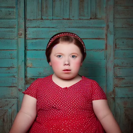 Image similar to charming and chubby girl, wearing a polka dot dress and a victorian - style hairdo on her head, sits in the large and bright studio. sunlight enters through the barred window. very realistic shiny skin. subsurface scattering shiny skin. beautiful lighting, 4 k post - processing, highly detailed, 5 k extremely detailed, 3 d. cinematic scene.