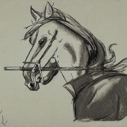 Image similar to an antropomorphic horse wearing a suit smoking a cigar