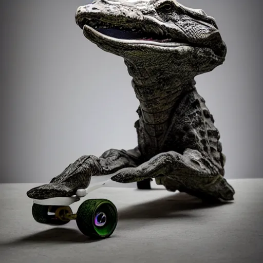 Prompt: rough plaster sculpture of an alligator on a skateboard, high resolution photograph, strong directional light, strange atmosphere