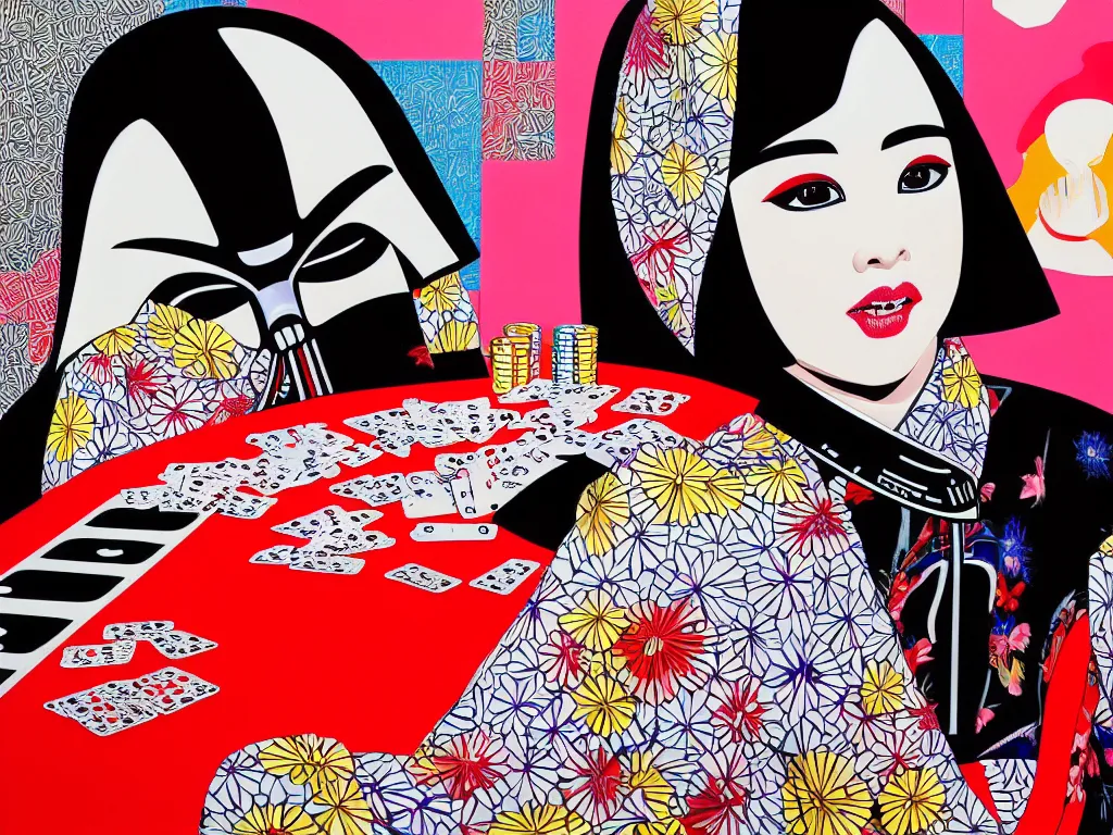 Image similar to hyperrealism composition of the detailed woman in a japanese kimono sitting at an extremely detailed poker table with darth vader, fireworks and folding screen on the background, pop - art style, jacky tsai style, andy warhol style, acrylic on canvas