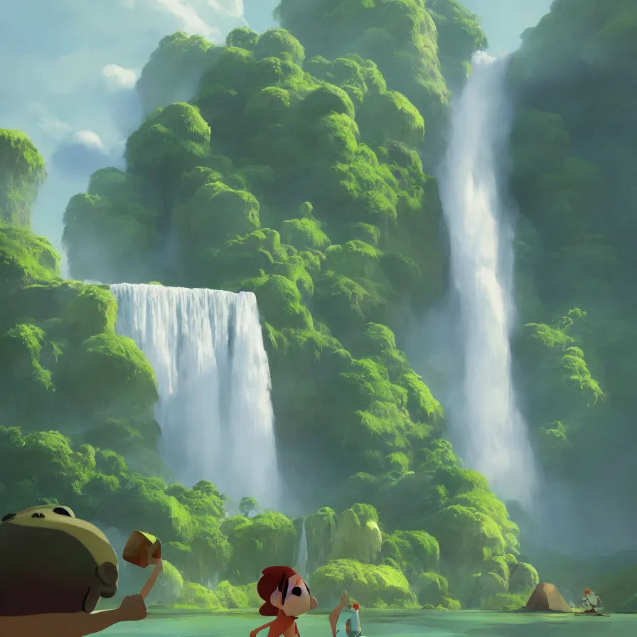 Image similar to Goro Fujita illustrating Front view of a gigantic waterfall surrounded by the Amazon, there are no animals or people, only vegetation, concept art, sharp focus, ArtStation