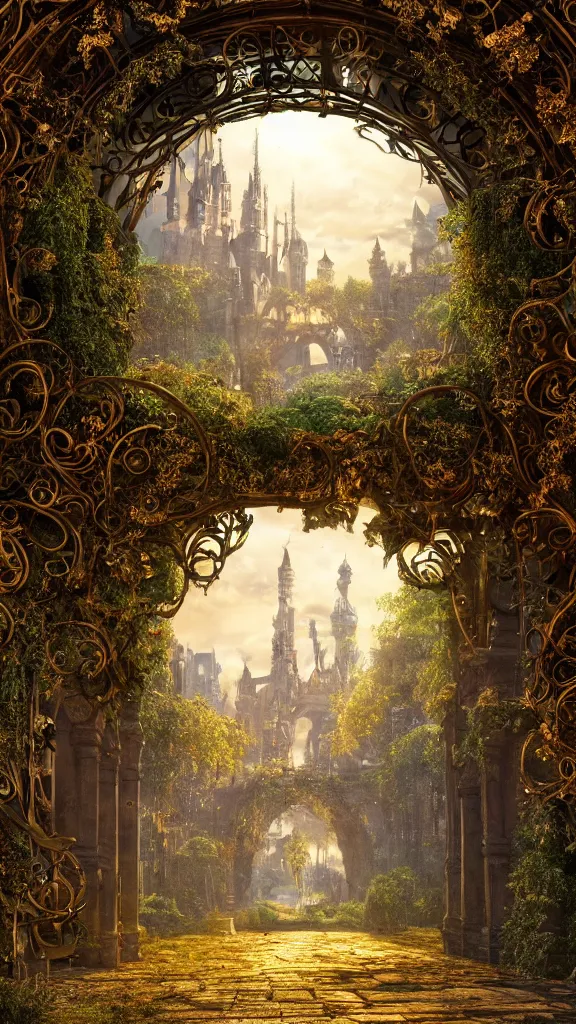 Prompt: overgrown ruined metal archway into a magical city, beautiful, intricate, detailed, golden light, 3 d animated movie frame, 8 k