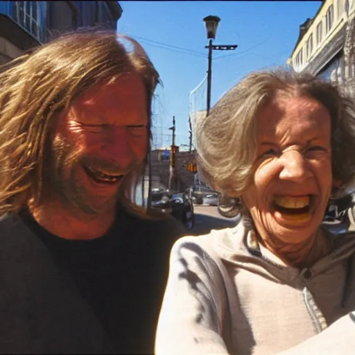 Image similar to Aphex Twin chasing an old lady down the street, sunny day,