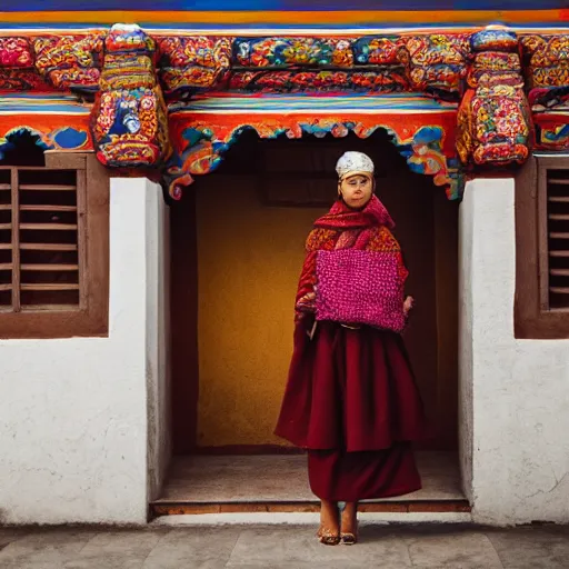 Image similar to Portrait of a seemly prettyish atypical woman in a chocolate-box Tibetan architecture by Erik Jones, trending on Unsplash