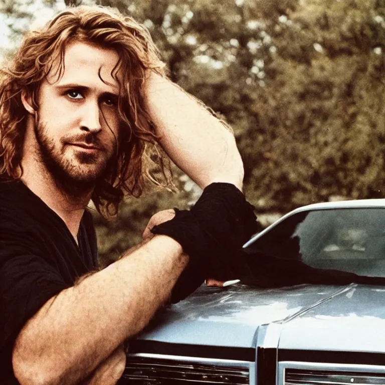 Image similar to Pre-Raphaelite portrait of Ryan Gosling as the leader of a cult 1980s heavy metal band standing on the hood of a muscle car, with very long blond hair and grey eyes, high saturation