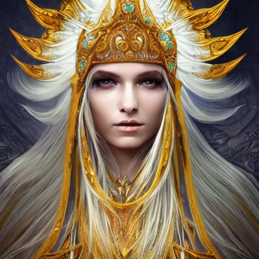 Prompt: highly detailed sharp photorealistic portrait of a beautiful lithuanian female priestess with shimmering hair, symmetrical face and eyes, dressed in intricate flowing silk, the silky cloth lined with golden glowing letters, cgsociety, Elden Ring, Dark Souls, Bloodborne H 640