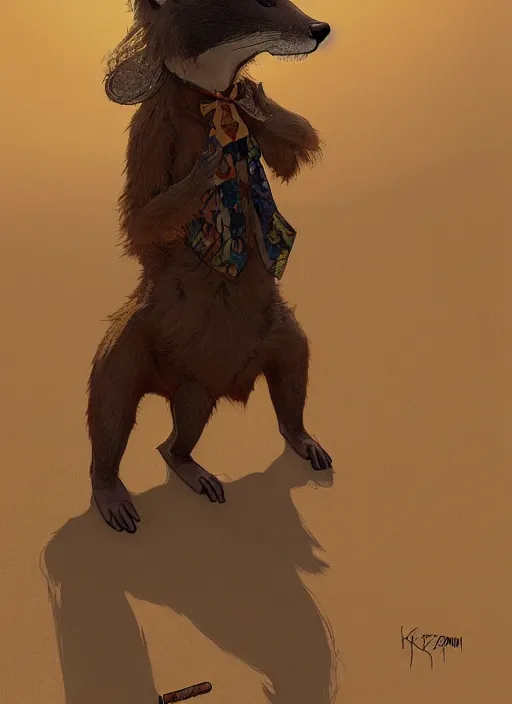 Image similar to Character portrait of a happy furry anthro weasel wearing a tan vest, bowtie, black slacks in the desert wilderness, intricate, elegant, highly detailed, digital painting, artstation, concept art, smooth, sharp focus, illustration, art by Krenz Cushart and Artem Demura and alphonse mucha