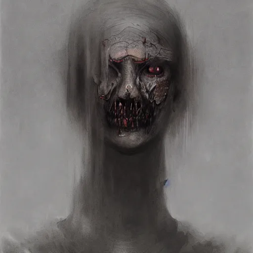 Prompt: A portrait of A zombie nun by Zdzisław Beksiński and Ilya Repin,In style of Post-Apocalyptic.digital art, illustration,hyper detailed,smooth, sharp focus,trending on artstation,oil on the canvas,4k