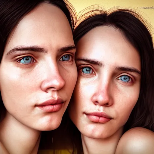 Image similar to intricate beautiful hyperreal portrait of identical twin women, smiling softly, casual clothes, relaxing on the couch, home interior, golden hour, close up shot, 8 k, art by irakli nadar, hyperrealism, hyperdetailed, ultra realistic